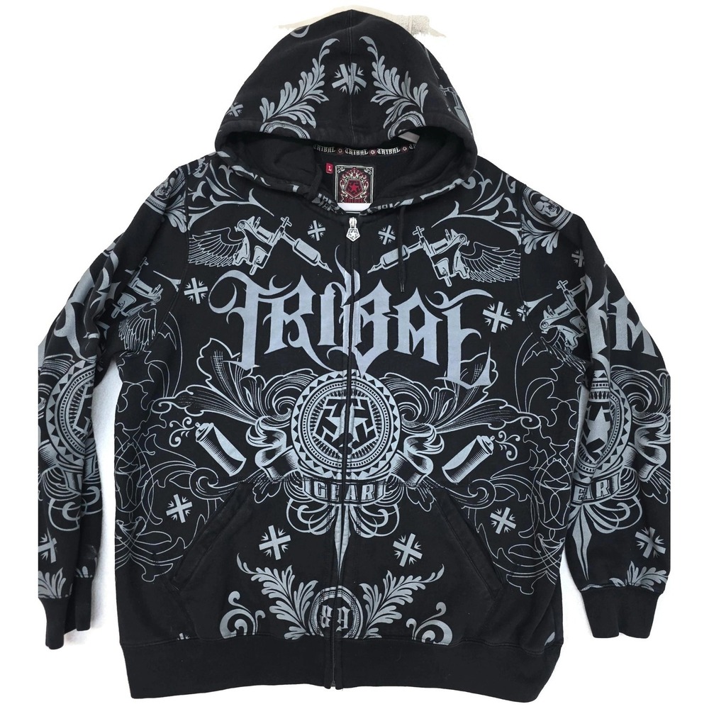 Tribal Gear Hoodie Mens Large Black Full Zip Tattoo Graphic Sweatshirt‎ Fleece